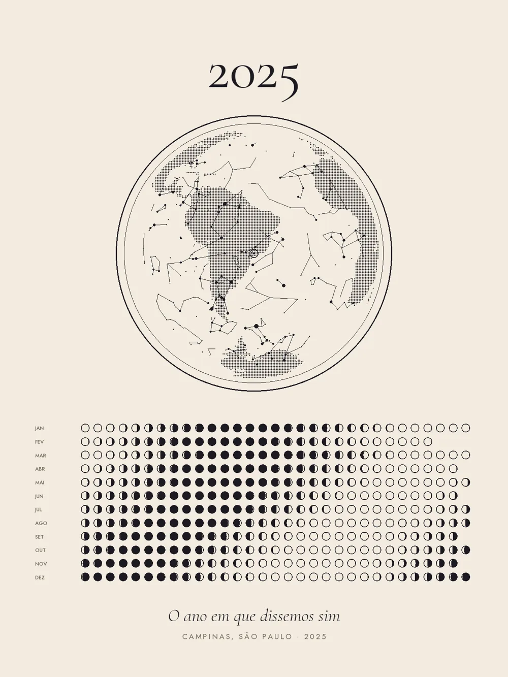 Calendário lunar no estilo Editorial creme, com a frase O ano em que dissemos sim.