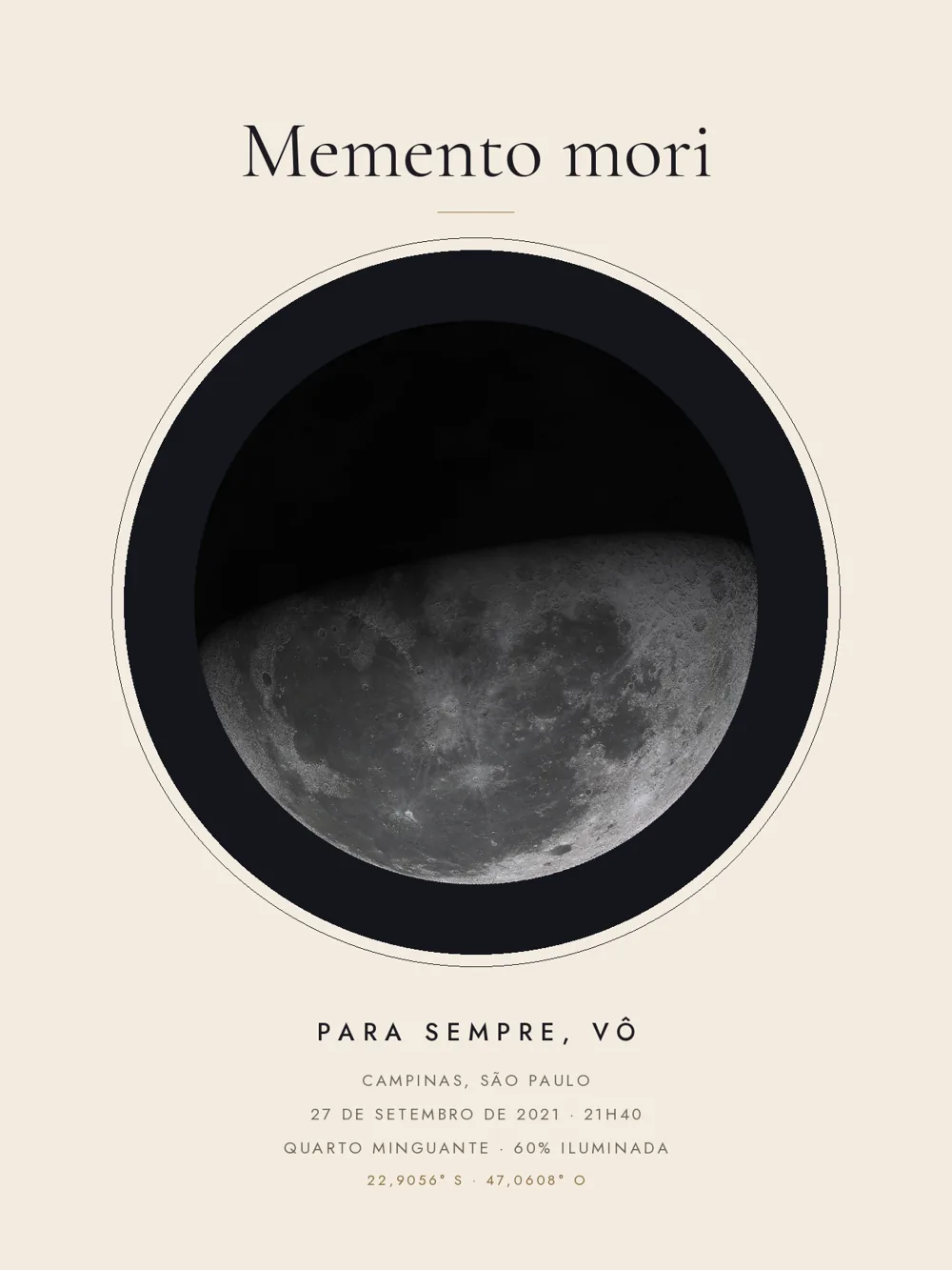 Quadro fase da lua no estilo Editorial creme, com a lua minguante e a frase Memento mori.