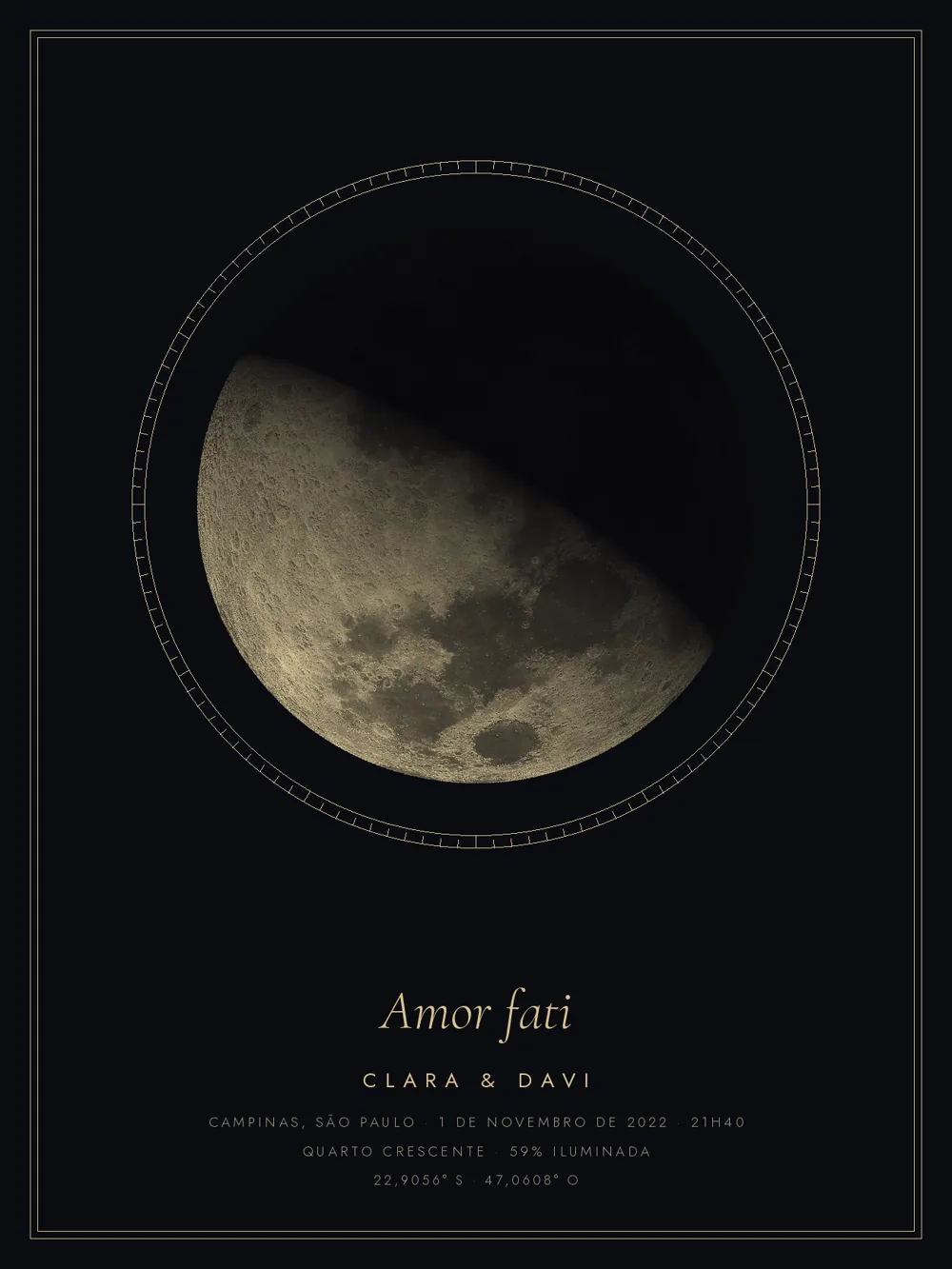 Fase da lua no estilo Noite dourada, com a frase Amor fati.