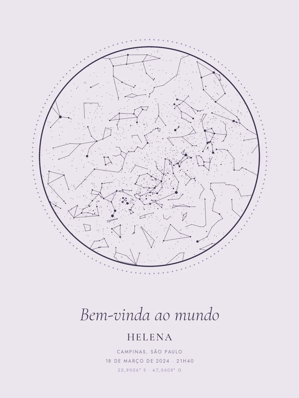 Mapa do céu no estilo Bruma pastel, com a frase Bem-vinda ao mundo.