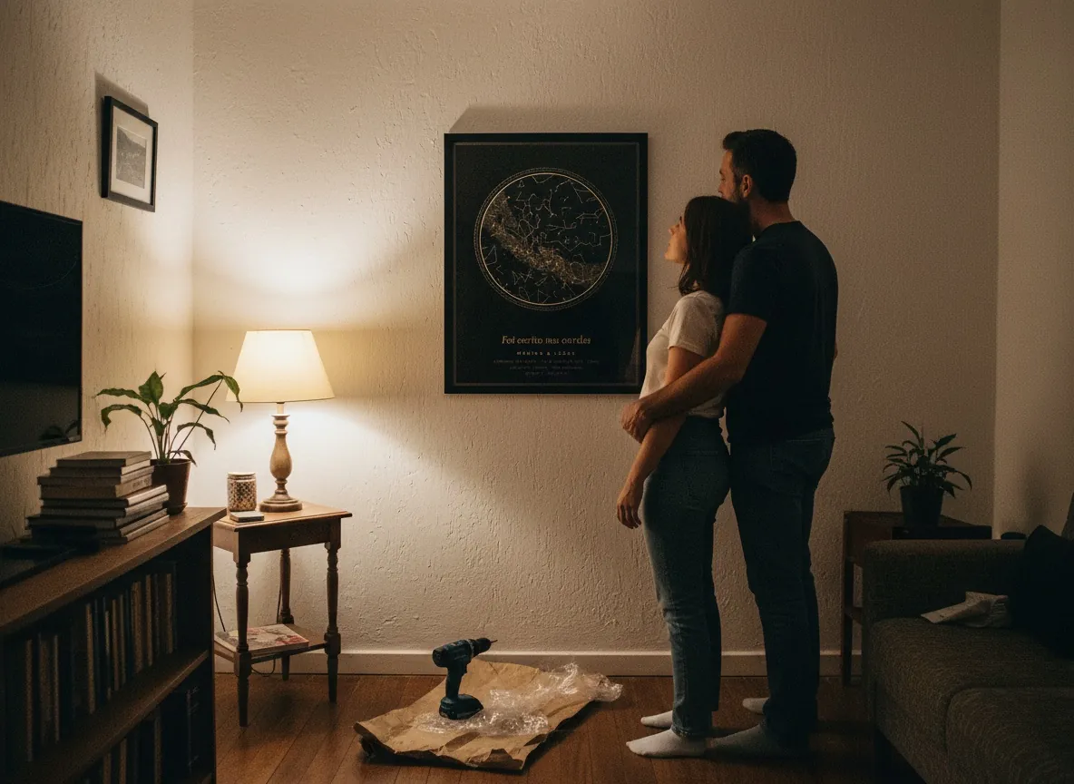 Casal abraçado olhando o mapa do céu Noite dourada na parede da sala.