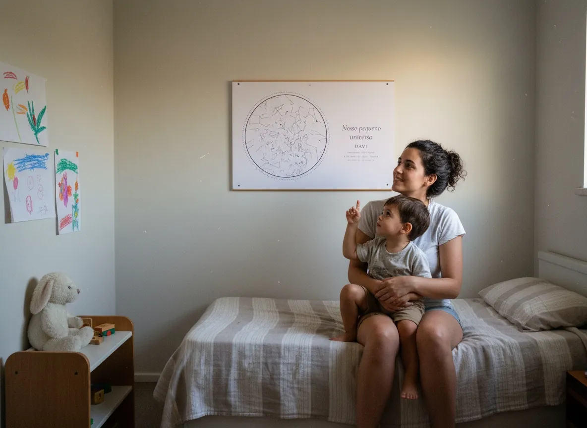 Mãe com o filho no colo, no quarto infantil, apontando para a placa horizontal do mapa do céu na parede.