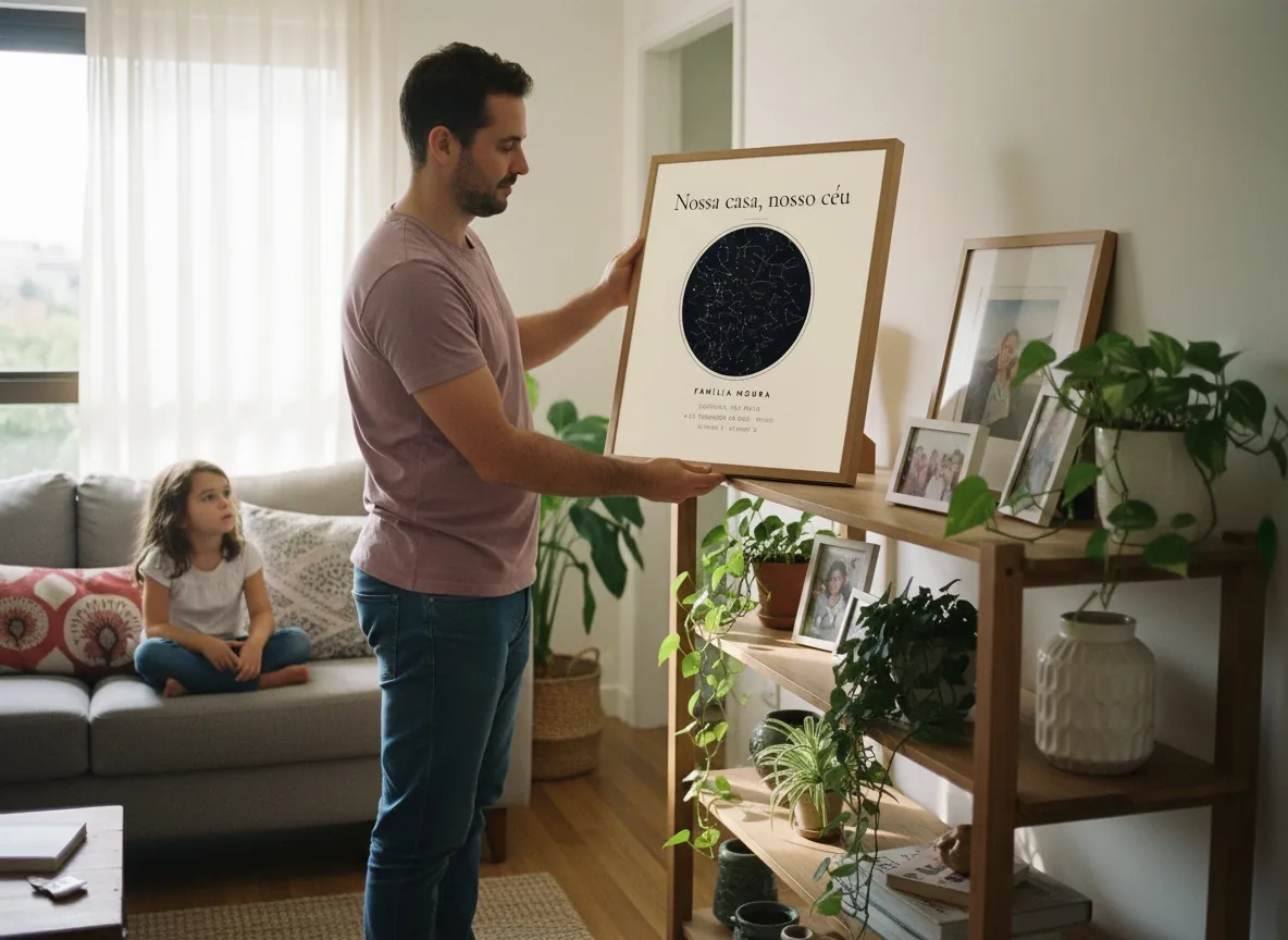 Pai colocando o mapa do céu em moldura quadrada de madeira na estante da sala, com a filha no sofá.