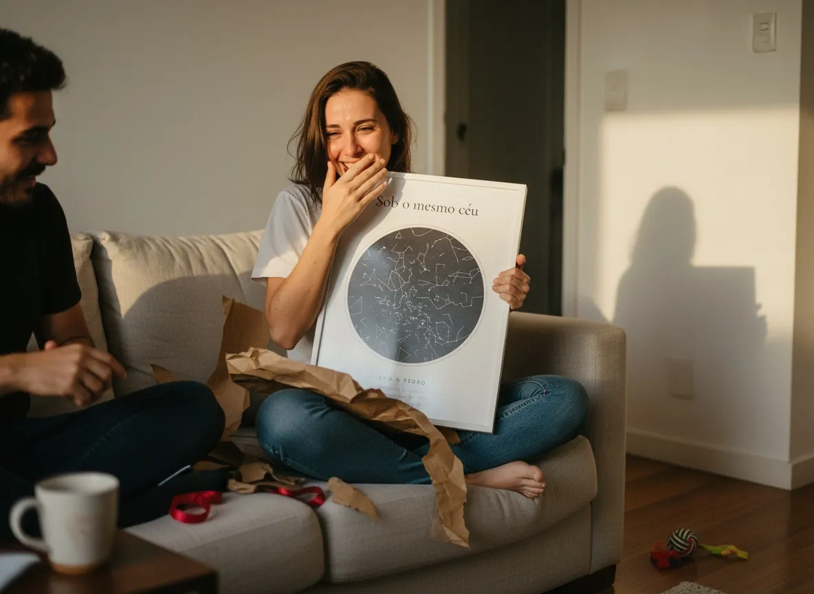 Mulher emocionada, com a mão na boca, segurando o mapa do céu ao lado do namorado.